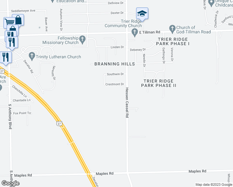 map of restaurants, bars, coffee shops, grocery stores, and more near 3020 Crestmont Drive in Fort Wayne