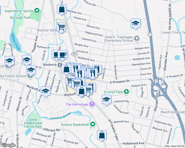 map of restaurants, bars, coffee shops, grocery stores, and more near 26 Dora Avenue in Waldwick