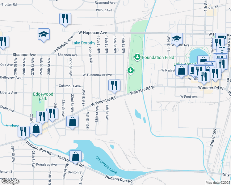 map of restaurants, bars, coffee shops, grocery stores, and more near 28 15th Street Northwest in Barberton