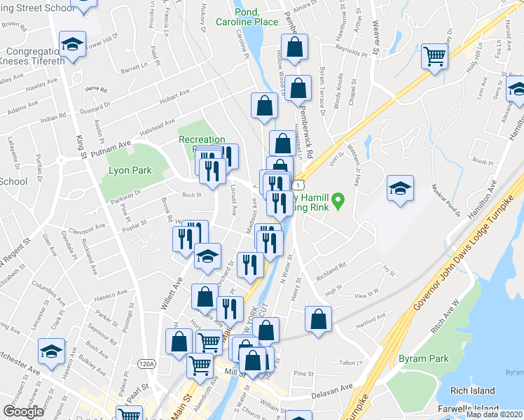 map of restaurants, bars, coffee shops, grocery stores, and more near 23 Madison Avenue in Port Chester