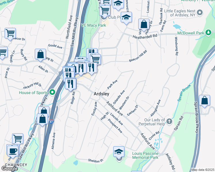 map of restaurants, bars, coffee shops, grocery stores, and more near 15 King Street in Ardsley