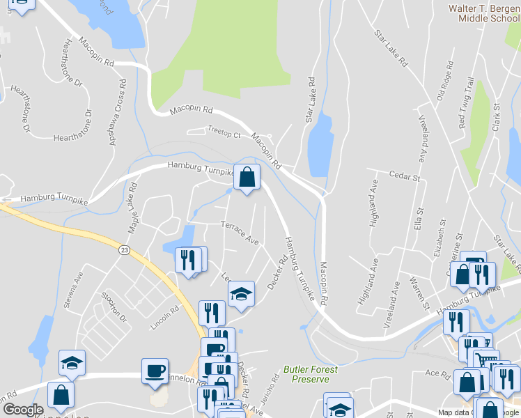 map of restaurants, bars, coffee shops, grocery stores, and more near 50 Lakeview Avenue in Butler