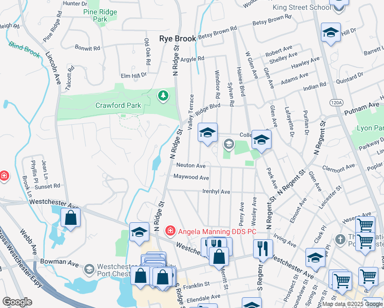 map of restaurants, bars, coffee shops, grocery stores, and more near 7 Valley Terrace in Rye Brook