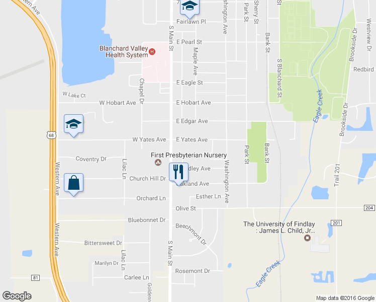 map of restaurants, bars, coffee shops, grocery stores, and more near 126 Woodley Terrace in Findlay