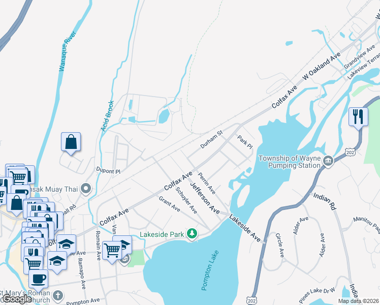 map of restaurants, bars, coffee shops, grocery stores, and more near 9 Durham Street in Pompton Lakes