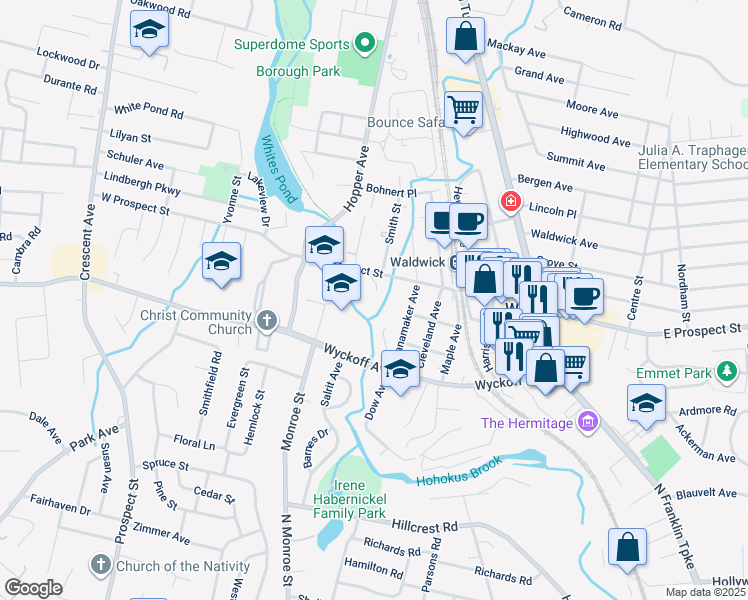 map of restaurants, bars, coffee shops, grocery stores, and more near 12 Chopek Lane in Waldwick