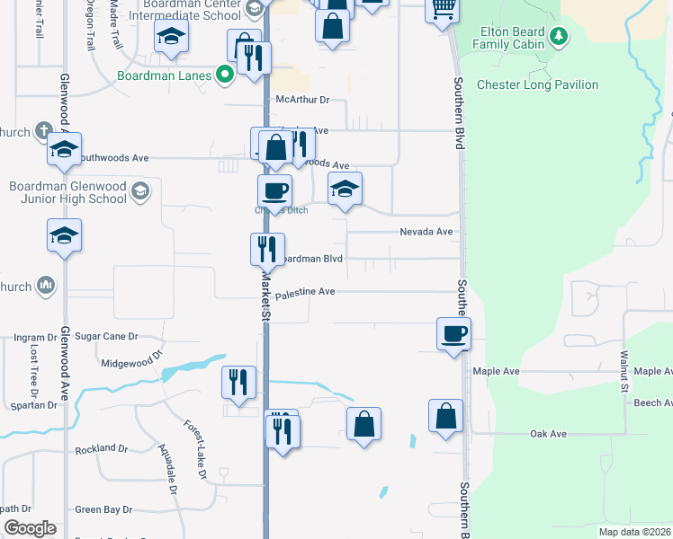 map of restaurants, bars, coffee shops, grocery stores, and more near 89 Boardman Boulevard in Youngstown
