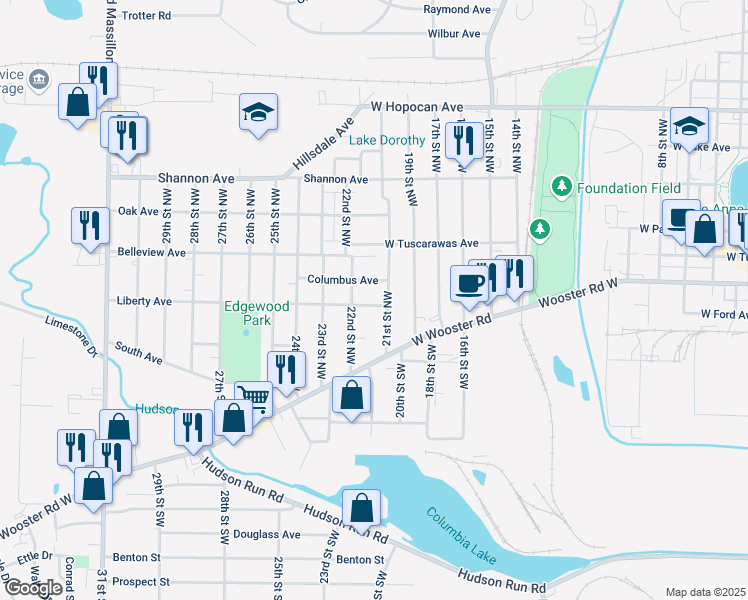 map of restaurants, bars, coffee shops, grocery stores, and more near 1029 Liberty Avenue in Barberton