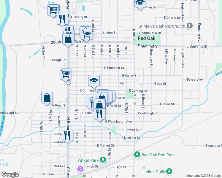 map of restaurants, bars, coffee shops, grocery stores, and more near 501 East Corning Street in Red Oak