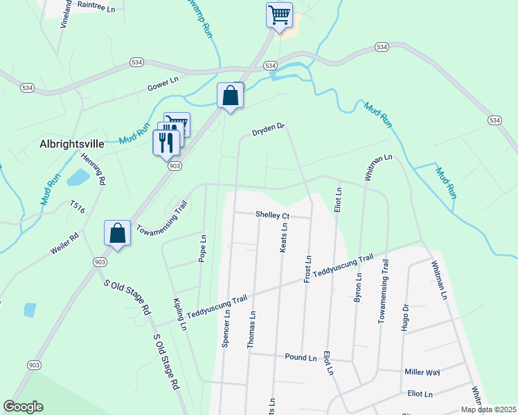 map of restaurants, bars, coffee shops, grocery stores, and more near 15 Shelly Court in Albrightsville