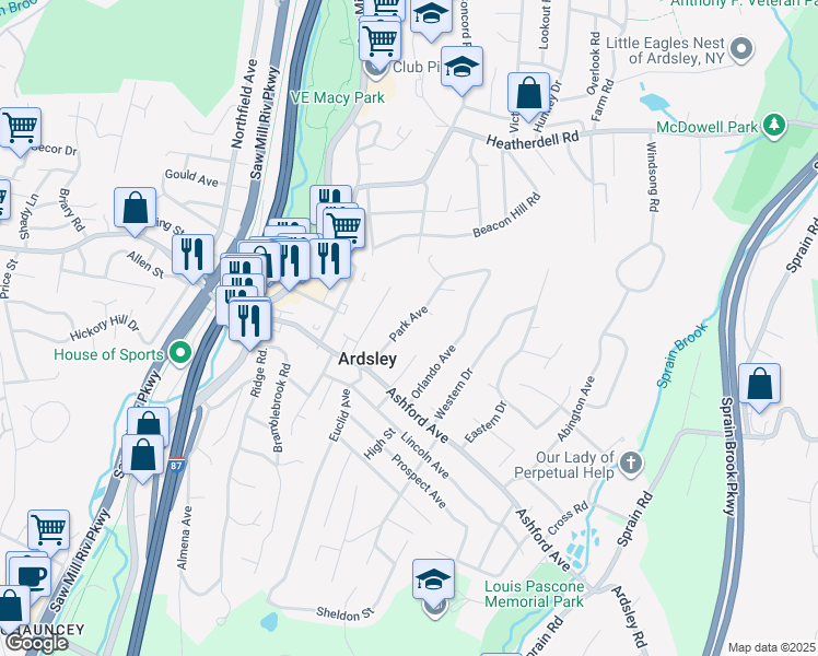map of restaurants, bars, coffee shops, grocery stores, and more near 15 Park Avenue in Ardsley