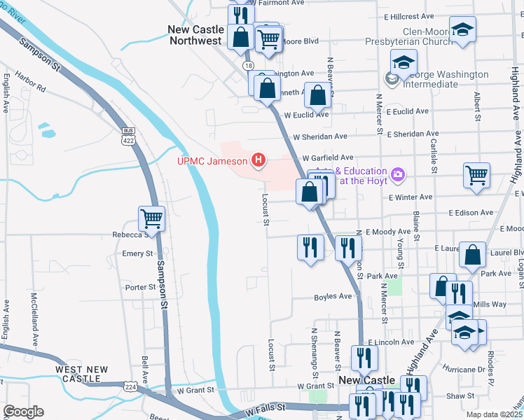 map of restaurants, bars, coffee shops, grocery stores, and more near 1007 Locust Street in New Castle