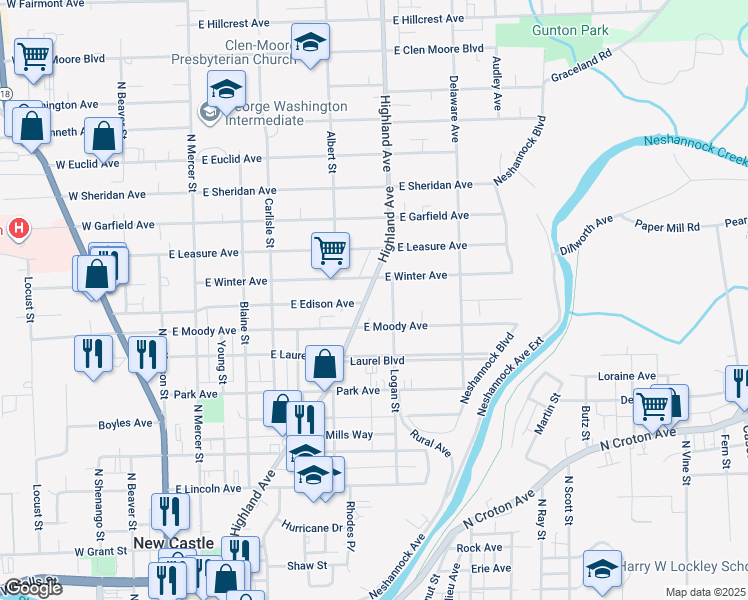 map of restaurants, bars, coffee shops, grocery stores, and more near 1002 Highland Avenue in New Castle
