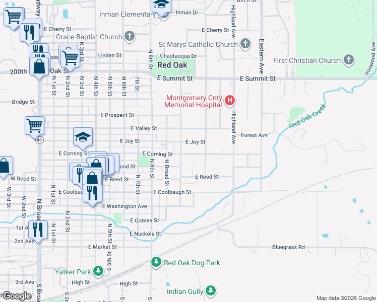 map of restaurants, bars, coffee shops, grocery stores, and more near 1005 East Corning Street in Red Oak