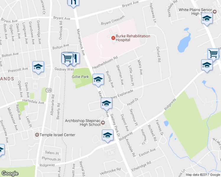 map of restaurants, bars, coffee shops, grocery stores, and more near 25 Burling Avenue in White Plains