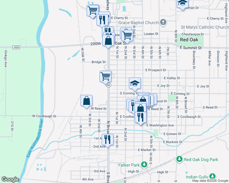 map of restaurants, bars, coffee shops, grocery stores, and more near 103 West Corning Street in Red Oak