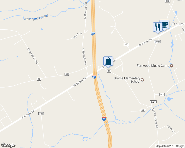 map of restaurants, bars, coffee shops, grocery stores, and more near 620 Butler Drive in Drums