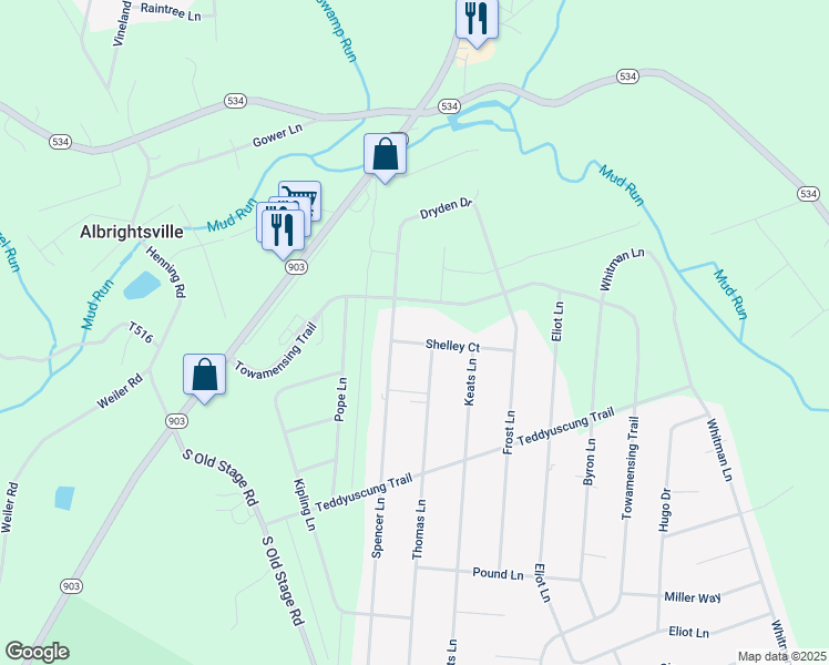 map of restaurants, bars, coffee shops, grocery stores, and more near 15 Shelly Court in Albrightsville