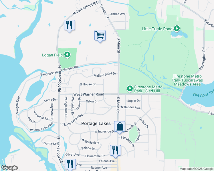 map of restaurants, bars, coffee shops, grocery stores, and more near 2805 North Glencoe Drive in Akron