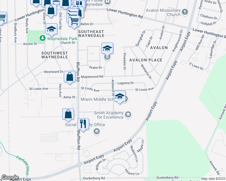 map of restaurants, bars, coffee shops, grocery stores, and more near 8100 Amherst Drive in Fort Wayne