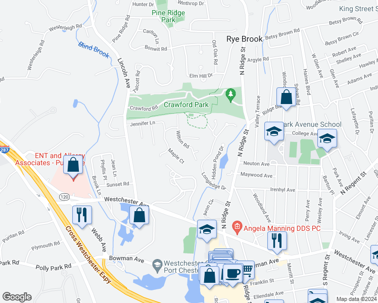 map of restaurants, bars, coffee shops, grocery stores, and more near 23 Wilton Road in Rye Brook