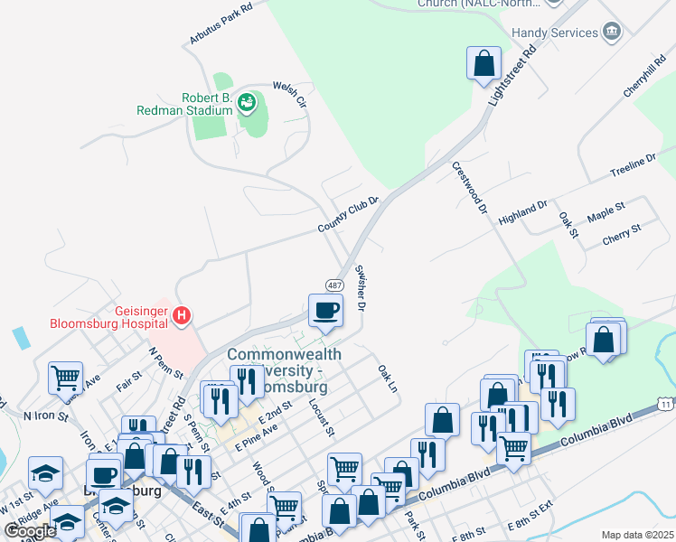 map of restaurants, bars, coffee shops, grocery stores, and more near 2 York Road in Bloomsburg