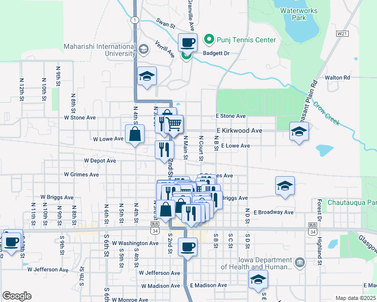 map of restaurants, bars, coffee shops, grocery stores, and more near 413 North Main Street in Fairfield