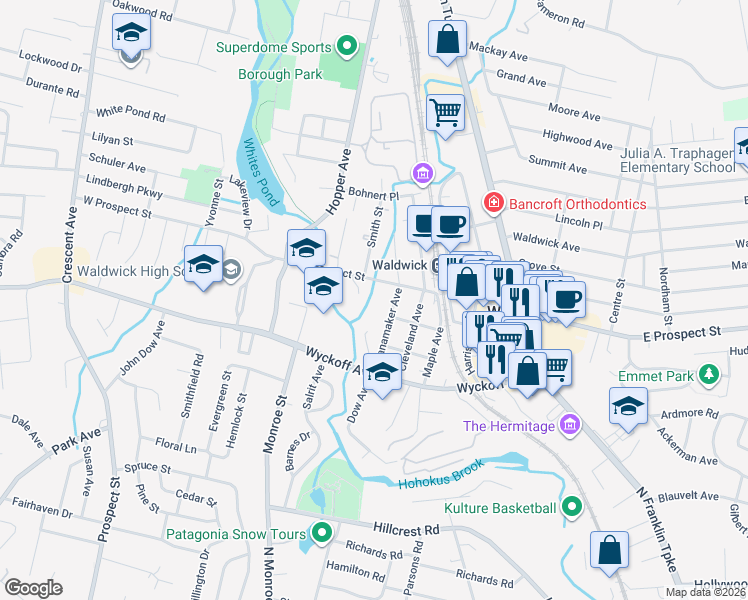map of restaurants, bars, coffee shops, grocery stores, and more near 36 Wanamaker Avenue in Waldwick