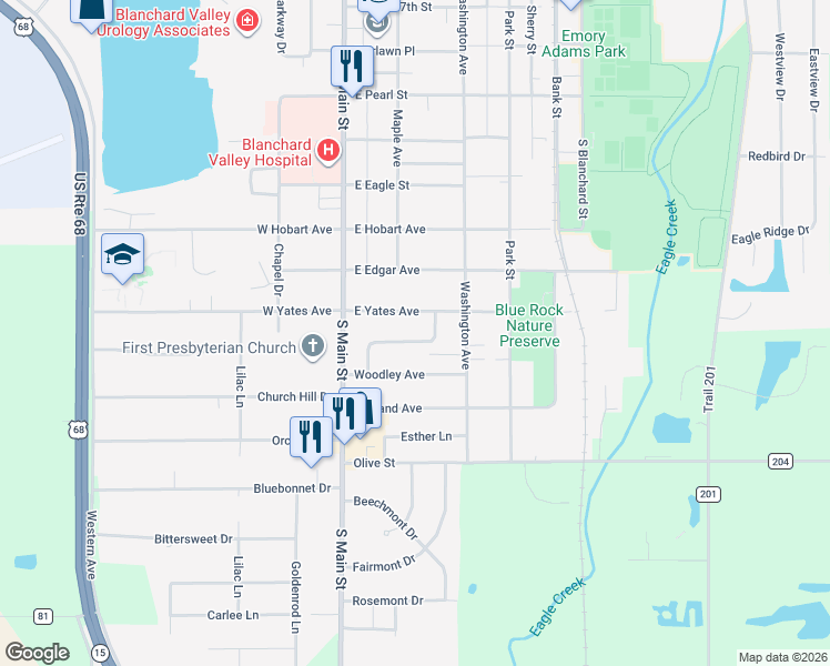 map of restaurants, bars, coffee shops, grocery stores, and more near 212 Woodley Terrace in Findlay