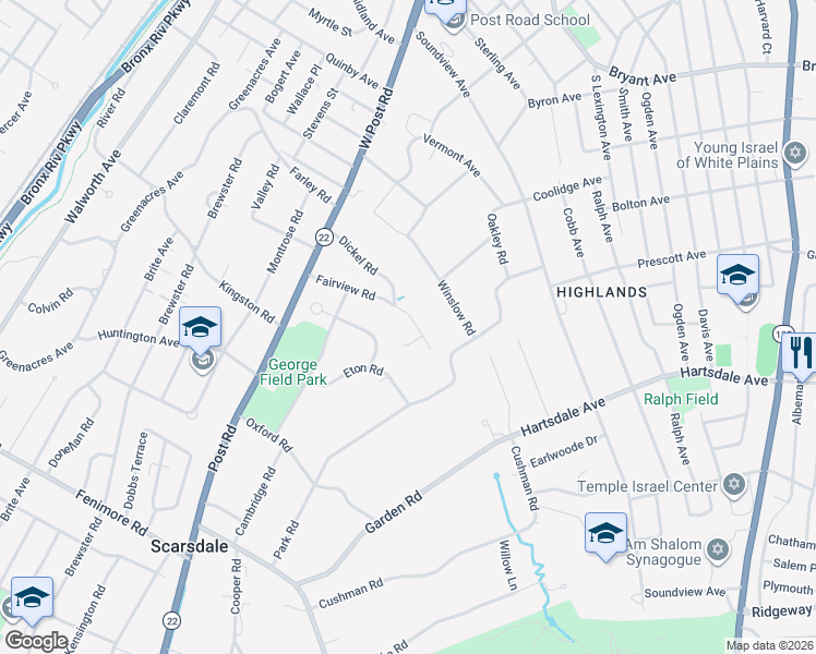 map of restaurants, bars, coffee shops, grocery stores, and more near 26 Fairview Road in Scarsdale