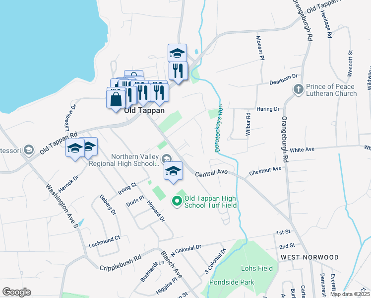map of restaurants, bars, coffee shops, grocery stores, and more near 151 Central Avenue in Old Tappan