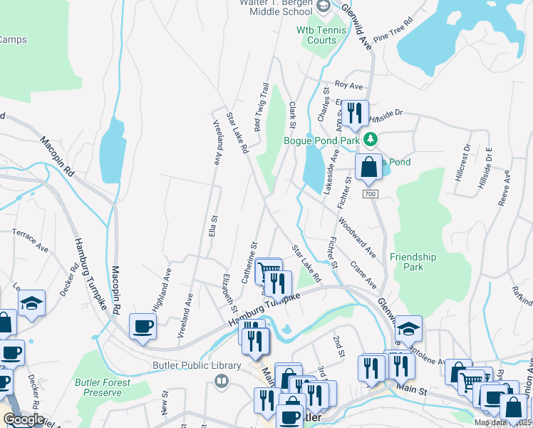 map of restaurants, bars, coffee shops, grocery stores, and more near 60 Star Lake Road in Bloomingdale