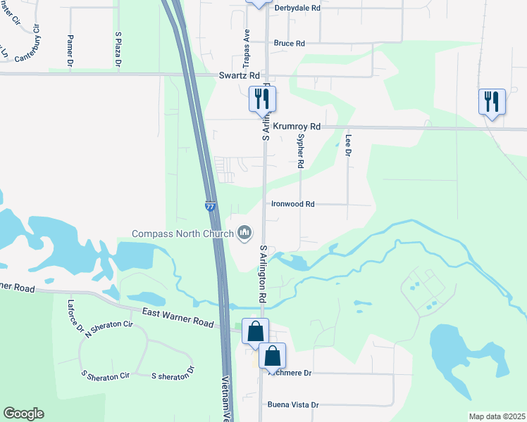 map of restaurants, bars, coffee shops, grocery stores, and more near 2234b South Arlington Road in Akron