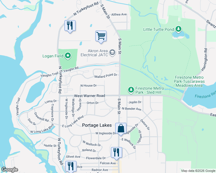 map of restaurants, bars, coffee shops, grocery stores, and more near 2805 North Glencoe Drive in Akron