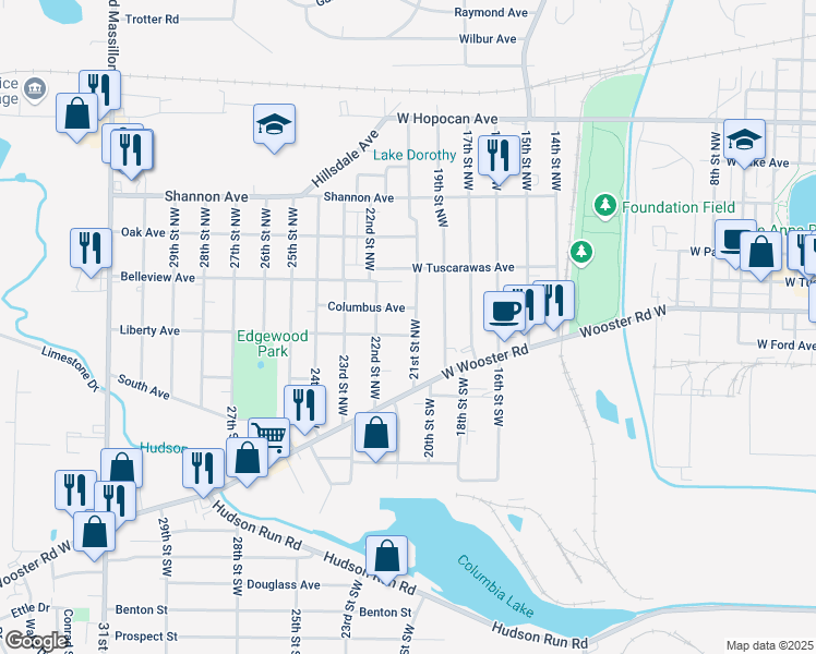 map of restaurants, bars, coffee shops, grocery stores, and more near 1029 Liberty Avenue in Barberton