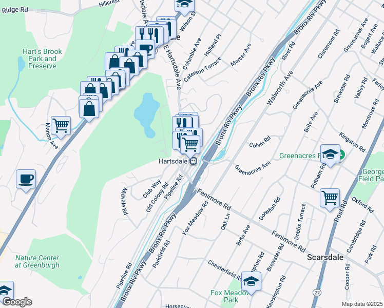 map of restaurants, bars, coffee shops, grocery stores, and more near 210 East Hartsdale Avenue in Hartsdale