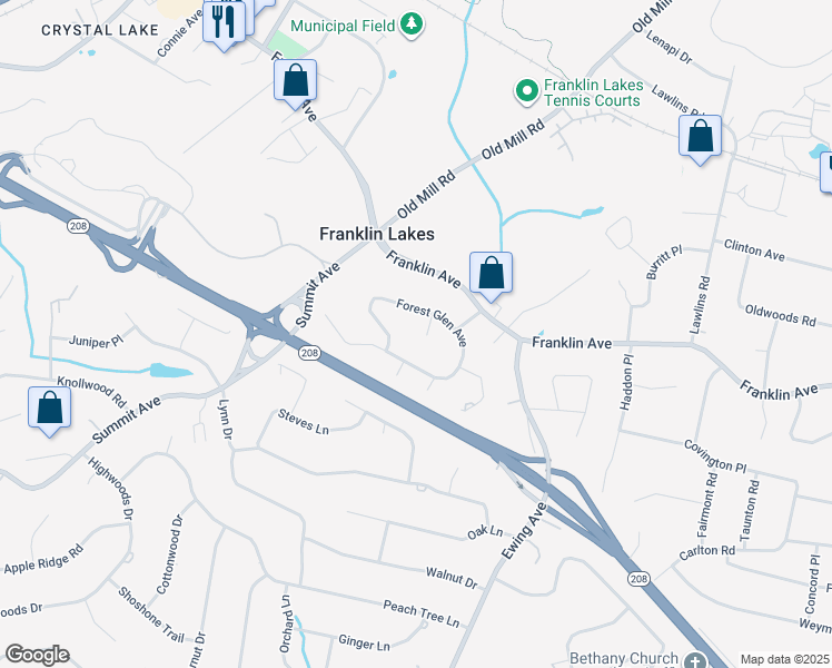 map of restaurants, bars, coffee shops, grocery stores, and more near 210 Deerfield Lane in Franklin Lakes
