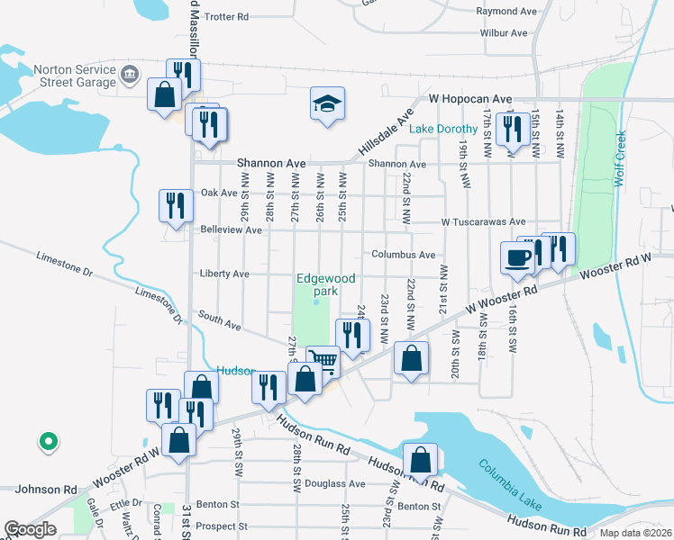 map of restaurants, bars, coffee shops, grocery stores, and more near 136 25th Street Northwest in Barberton
