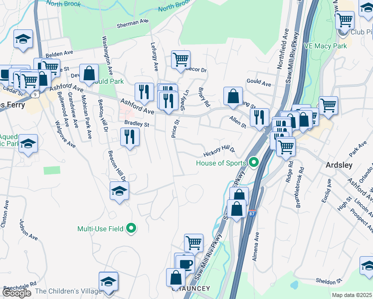 map of restaurants, bars, coffee shops, grocery stores, and more near 11 Hickory Hill Drive in Dobbs Ferry