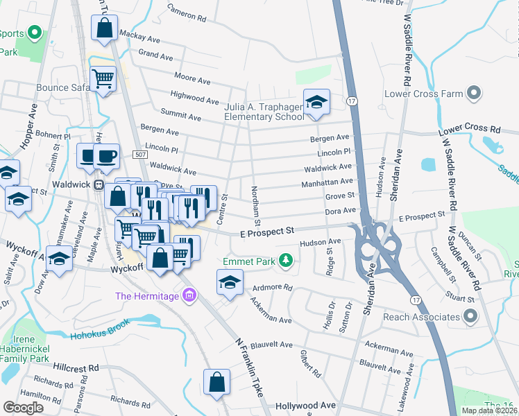 map of restaurants, bars, coffee shops, grocery stores, and more near 72 Grove Street in Waldwick