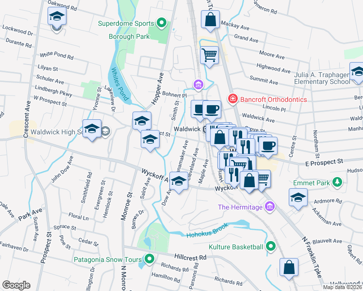 map of restaurants, bars, coffee shops, grocery stores, and more near 36 Wanamaker Avenue in Waldwick