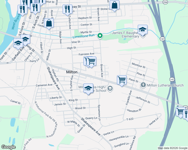 map of restaurants, bars, coffee shops, grocery stores, and more near 560-642 Mahoning Street in Milton