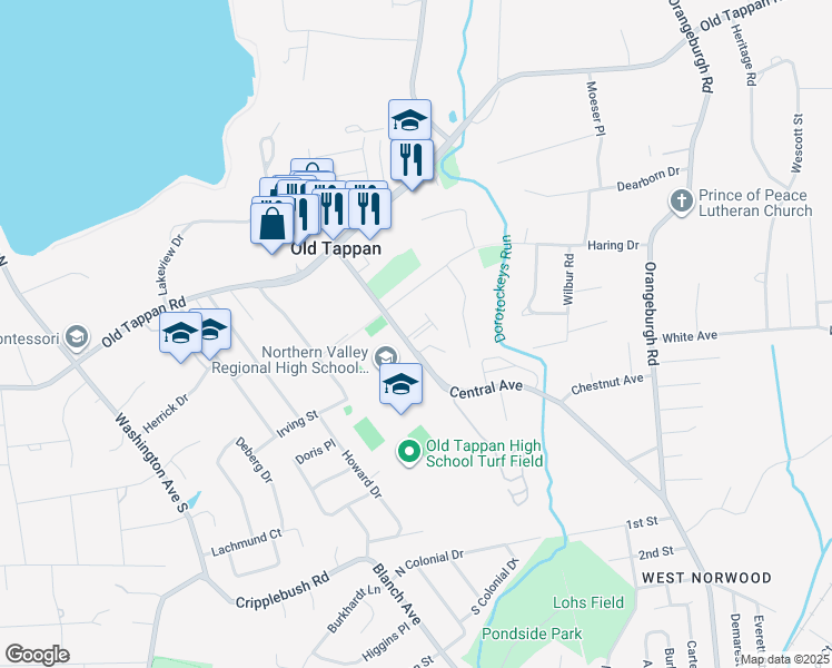 map of restaurants, bars, coffee shops, grocery stores, and more near 151 Central Avenue in Old Tappan