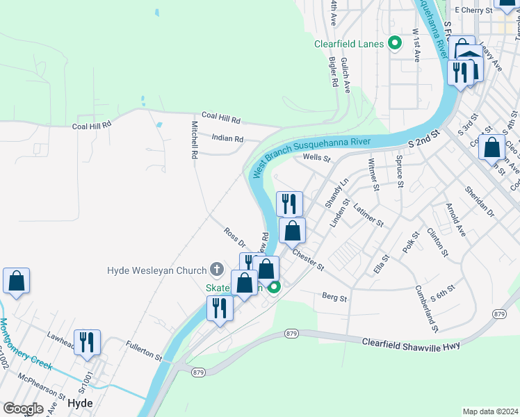 map of restaurants, bars, coffee shops, grocery stores, and more near Riverview Road in Clearfield