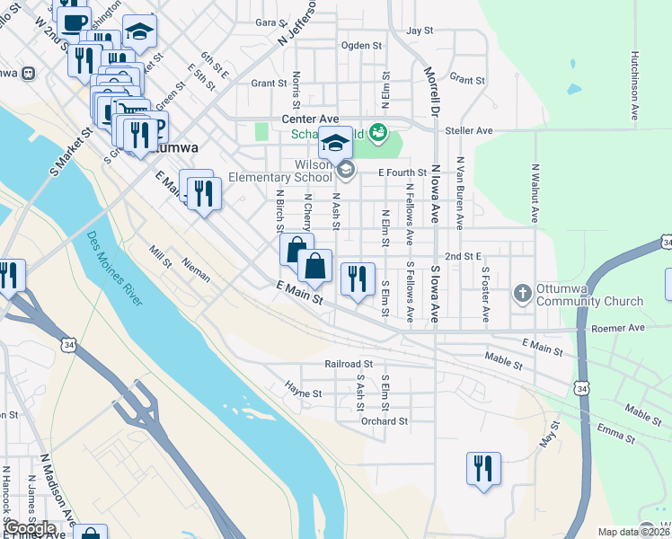 map of restaurants, bars, coffee shops, grocery stores, and more near 124-170 South Ash Street in Ottumwa