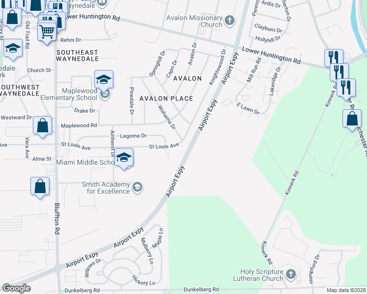map of restaurants, bars, coffee shops, grocery stores, and more near 1605 Saint Louis Avenue in Fort Wayne