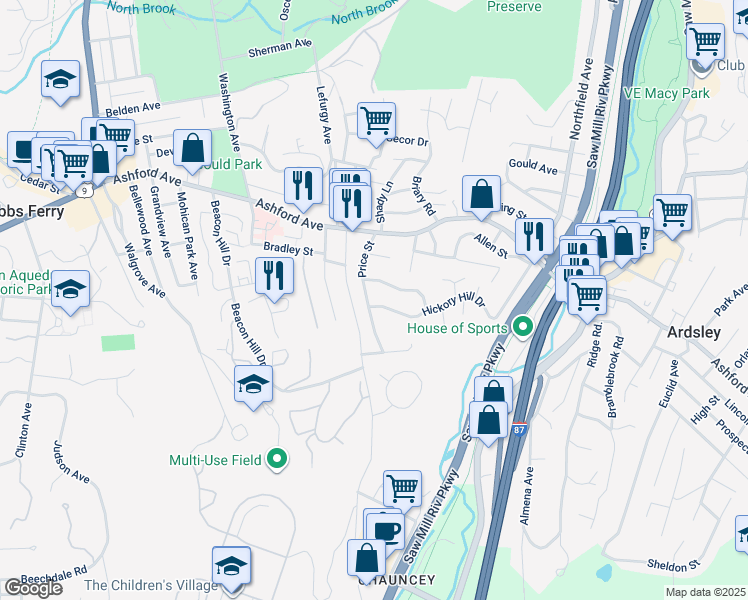 map of restaurants, bars, coffee shops, grocery stores, and more near 11 Hickory Hill Drive in Dobbs Ferry