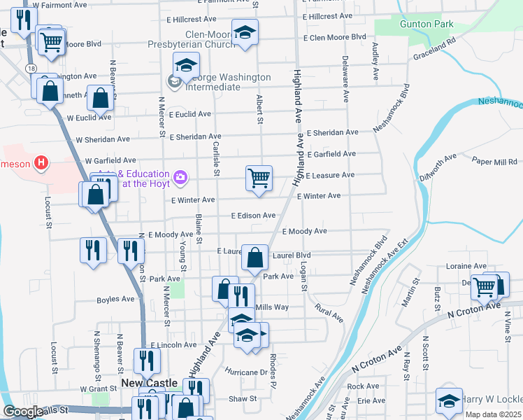 map of restaurants, bars, coffee shops, grocery stores, and more near 311 East Edison Avenue in New Castle