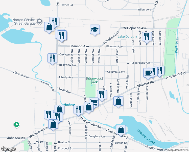map of restaurants, bars, coffee shops, grocery stores, and more near 136 25th Street Northwest in Barberton
