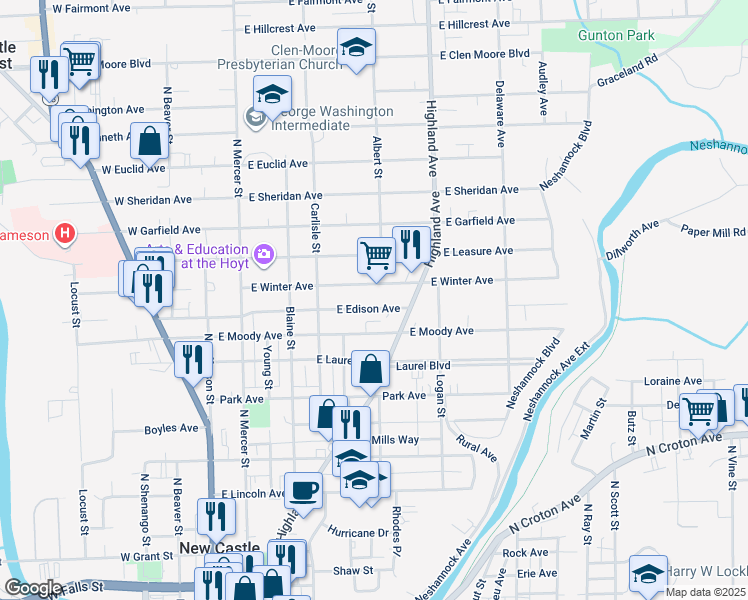 map of restaurants, bars, coffee shops, grocery stores, and more near 311 East Edison Avenue in New Castle